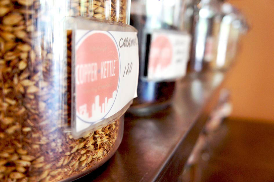 Copper Kettle stocks several specialty malts that brewers measure and grind to kick off the process.