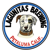 The circular logo for Lagunitas Brewing Company features a central sketch of a dog wearing a collar, bordered by black text at the top and red text detailing locations at the bottom.