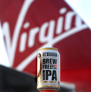 21st Amendment Brewery's "Brew Free or Die" IPA Beer is displayed at Virgin America Airlines at San Francisco International Airport in San Francisco, Calif. on December, 2009.  Virgin America is now selling three 21st Amendment beers on its flights.  Photo: Courtesy: 21st Amendment Brewery.