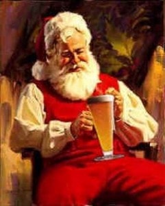 An illustration of Santa Claus seated in a chair, holding a tall glass of beer.