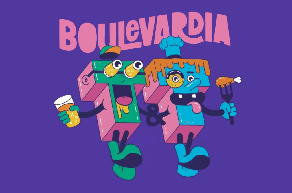 A vibrant illustration with the word BOULEVARDIA in playful lettering above two stylized, food-themed cartoon characters. One character holds a glass of beer, and the other holds a fork with food.
