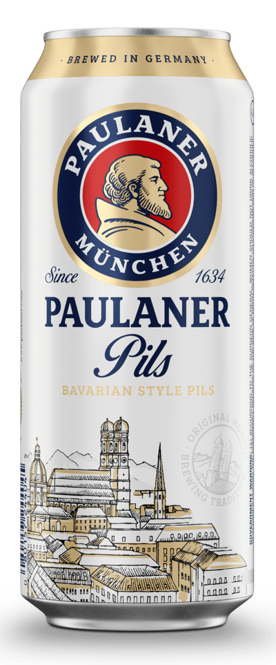 A19.2oz white and gold can of Paulaner Pils beer featuring the brand's blue and gold monk logo and a skyline illustration of Munich, Germany.