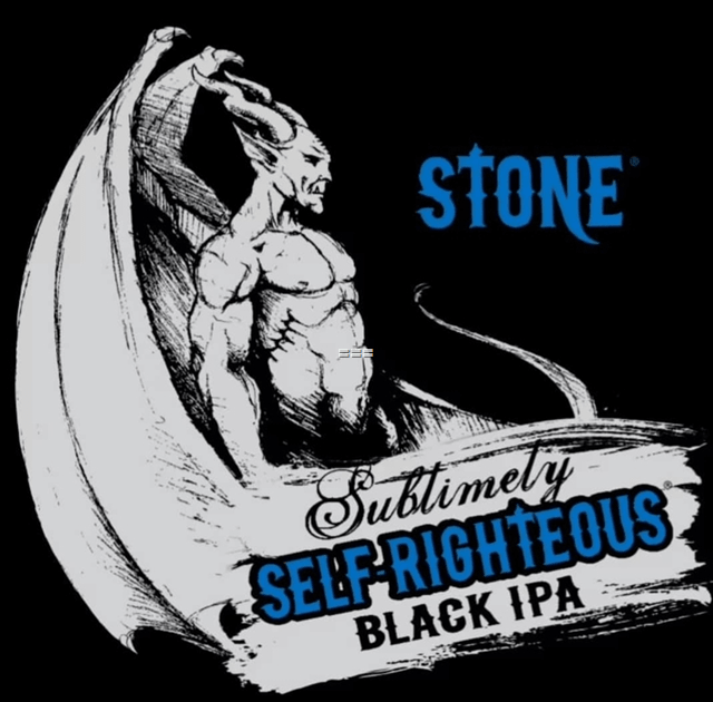Beer labe:l: A gargoyle stands next to the words "Stone Sublimely Self-Righteous Black IPA" in blue and white on a black background.