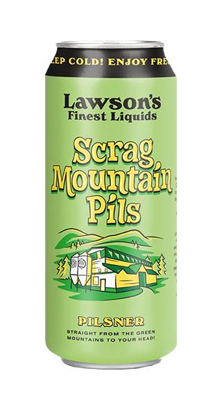 A light green beer can with a silver top and bottom. The can features the text "Lawson's Finest Liquids" at the top in black script, followed by "Scrag Mountain Pils" in large, yellow, shadowed letters with a green outline
