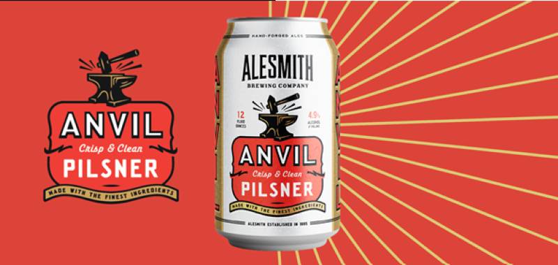 Alesmith Anvil Pilsner beer can and logo on a red background with sunburst pattern.