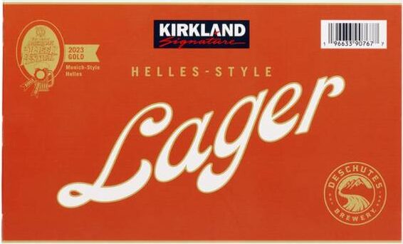 An orange label for Kirkland Signature Helles-Style Lager, featuring the Deschutes Brewery logo and a 2023 Gold medal from the Great American Beer Festival.