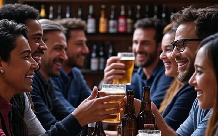 A group of diverse friends smiling and laughing together while sharing beers at a crowded bar.