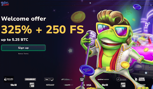  7Bit Casino welcome offer: 325% bonus + 250 free spins up to 5.25 BTC, featuring cartoon Elvis-style frog and payment method logos.