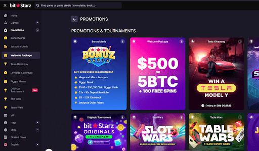BitStarz casino promotions page showing various offers, including a $500 or 5BTC welcome package with 180 free spins, Bonus Mania rewards, a Tesla Model Y giveaway, and weekly tournaments like Slot Wars and Table Wars. 