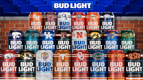 Bud Light beer cans featuring various college football team logos and colors, displayed against a stadium seating backdrop