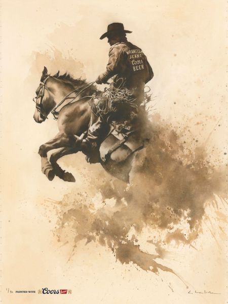 A vintage-style watercolor painting depicts a cowboy on a bucking horse, kicking up dust. The cowboy wears a hat, and the back of his jacket reads "WRANGLER JEANS Coors BEER". The bottom left of the image also states "PAINTED WITH Coors" next to the Coors logo, highlighting the unique medium of the artwork