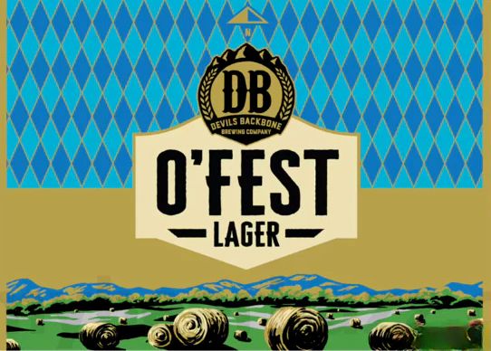 "Devils Backbone O'Fest Lager beer label featuring the logo, mountains, and hay bales, highlighting seasonal Oktoberfest craft beer."