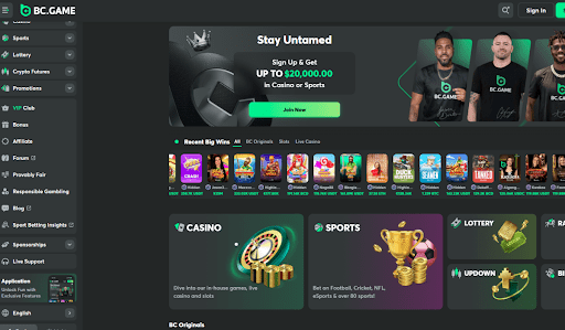 The BC.game homepage showing $20,000 welcome bonus offer, casino and sports sections, recent game wins, and navigation menu.