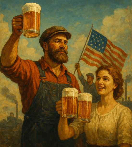 "Vintage-style painting of a working-class couple toasting with beers, featuring a man in overalls and a woman with an American flag in the background, symbolizing labor, patriotism, and celebration."