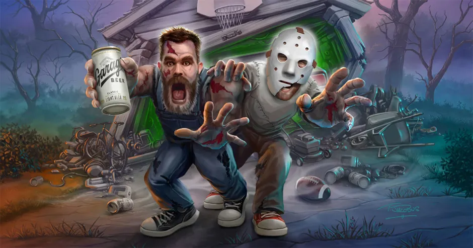 A comic book style depiction of two figures in a horror-themed setting: one man with a beard and overalls holding a can of "Garage Beer," and another figure wearing a hockey mask, both with outstretched, bloodied hands in front of a spooky, dilapidated garage.
