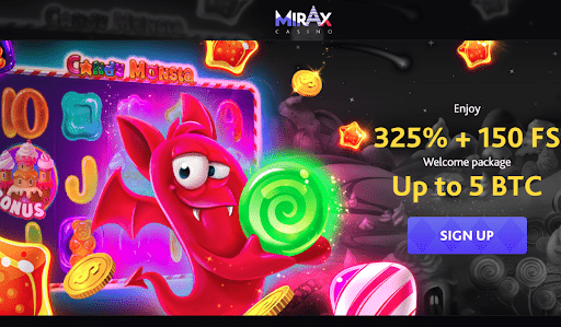 Mirax Casino welcome bonus: 325% + 150 free spins up to 5 BTC, featuring a cartoon red monster with candy-themed slot visuals.
