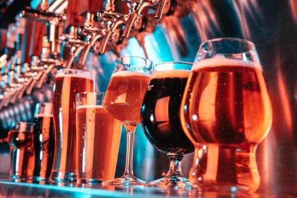 A vibrant lineup of non-alcoholic beers in various glasses at a bar, perfect for students exploring zero-ABV options on campus