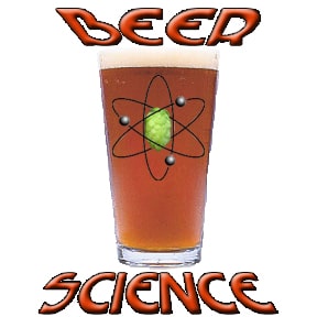 A pint glass of amber beer with a frothy head, superimposed with a stylized atom diagram, representing the scientific aspects of brewing, titled "BEER SCIENCE