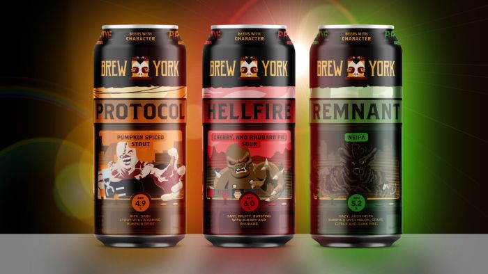Three Brew York craft beer cans: Protocol Pumpkin Spiced Stout, Hellfire Cherry and Rhubarb Pie Sour, and Remnant NEIPA, showcased with vibrant, character-driven label art