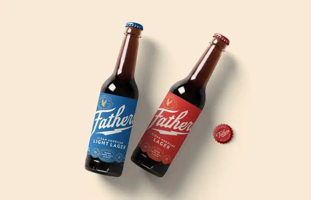 Fathers Clean American Light Lager and Lager beer bottles on a light background