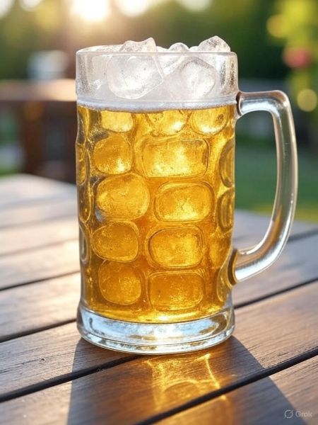 A frosty mug of beer with ice sits on a sun-drenched wooden table outdoors