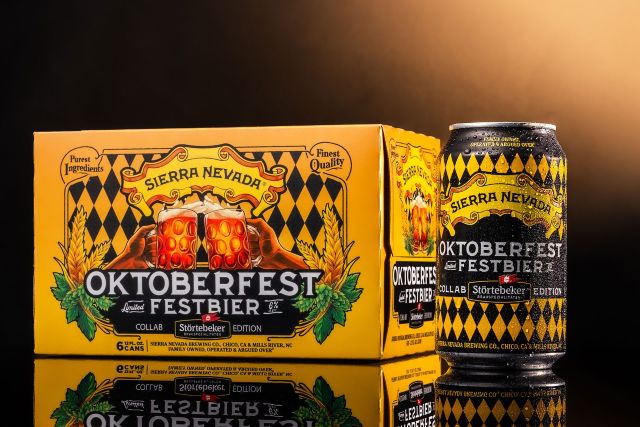 Sierra Nevada Oktoberfest Festbier six-pack with yellow and black packaging and a single black and yellow can, showcasing the collaborative Störtebeker Edition