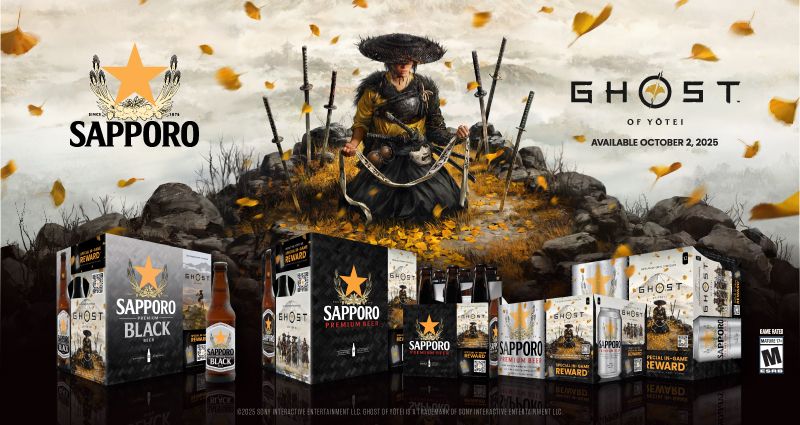 Sapporo Beer and Ghost of Yotei video game collaboration promotional image, featuring Sapporo Premium Black beer bottles and cans with game-themed packaging, alongside a central samurai-like character from Ghost of Yotei and the game's release date of October 2, 2025.