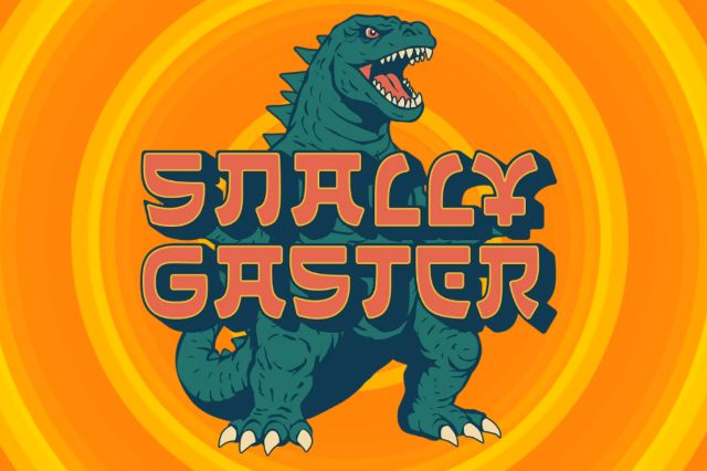 A digital illustration featuring a green, Godzilla-like monster with sharp teeth and claws, standing prominently against a vibrant orange and yellow concentric circle background, with the word "SNALLYGASTER" in bold, stylized red text layered over the creature's body