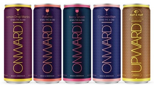  A lineup of Trulieve's Onward THC & CBD-infused non-alcoholic cocktail alternatives (Lemon Drop Martini, Paloma, Berry Smash, Cosmopolitan) and Upward THC-infused energy drink (Half & Half) in colorful cans