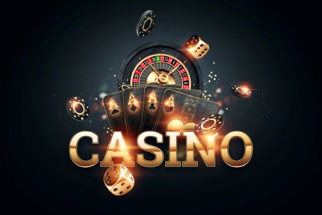 Casino concept with roulette wheel, golden dice, poker chips, and four aces representing bonuses, games, and fast payouts