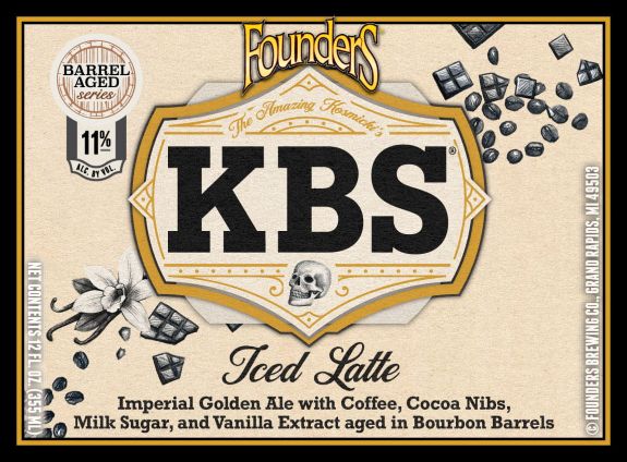 "Founders KBS Iced Latte beer label, featuring a Barrel Aged series Imperial Golden Ale brewed with coffee, cocoa nibs, milk sugar, and vanilla extract, aged in bourbon barrels, with an 11% ABV.