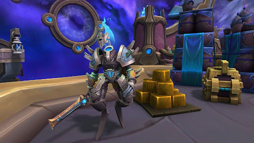  A heavily armored World of Warcraft character with a glowing sword stands beside stacks of gold bars and a treasure chest in a magical, cosmic-themed city
