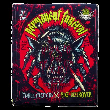 Three Floyds x Pig Destroyer "Permanent Funeral" Pale Ale beer label. The packaging features a striking, detailed illustration of a monstrous, fanged creature with a knife against a red and black background.