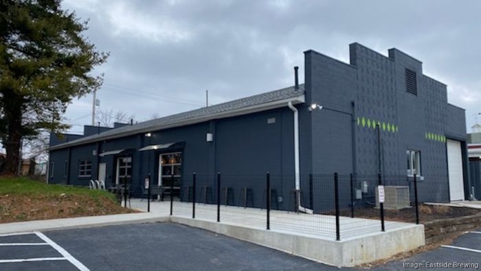 a gray industrial-style building with a black fence and a parking lot in front of it, with the name "Eastside Brewing" visible on the building