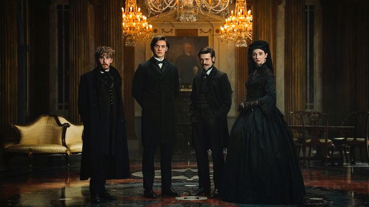 Louis Partridge, Emily Fairn, Anthony Boyle, and Fionn O'Shea in period costumes as the cast of 'House of Guinness' in a lavish, opulent setting"