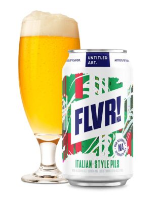 Untitled Art FLVR! Non-Alcoholic Italian-Style Pils can and glass of poured golden beer with foam.
