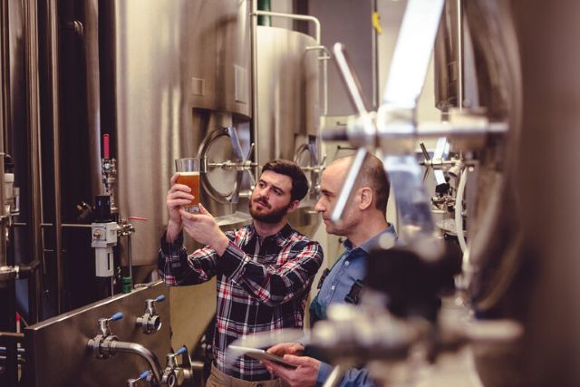 Brewers examining a glass of beer during the brewing process inside a craft brewery.