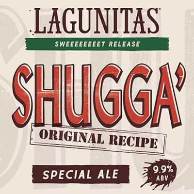 A beer label for "Lagunitas Shugga' Sweet Release Original Recipe Special Ale," featuring a vintage design with the brand name "Lagunitas" at the top, "SWEET RELEASE" in green, and "SHUGGA'" in large red letters. The label also includes "ORIGINAL RECIPE" in a stamp-like box, "SPECIAL ALE" in a brown banner, and "9.9% ABV" indicating the alcohol content