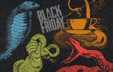 Lakefront Brewery "Black Friday" poster with a blue cobra, a green snake coiled around a hand, an orange snake emerging from a teacup, and a red snake with its mouth open