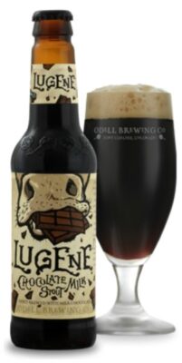 A product photo of Odell Brewing Co. Lugene Chocolate Milk Stout. The image features a brown glass bottle with a cream-colored label showing a stylized mule with a chocolate bar in its mouth.