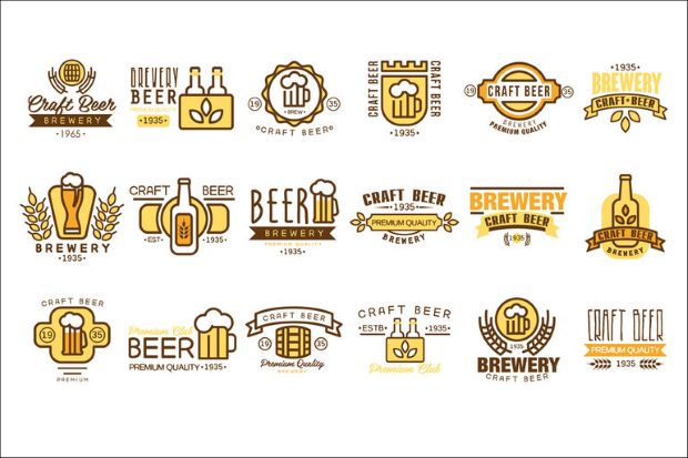 Collection of vintage-style craft beer and brewery logos in brown and gold tones