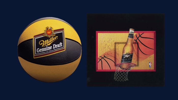 An advertising image for Miller Genuine Draft beer, juxtaposing a beer-branded basketball on the left with a bottle of the beer in a basketball net on the right, against a dark background