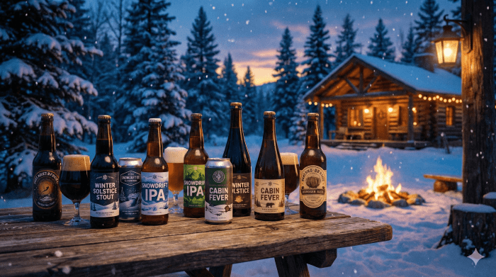A collection of assorted beer bottles and cans from brands like Winter Solstice Stout, Snowdrift IPA, and Cabin Fever, displayed on a wooden table in a snowy forest scene with a cozy cabin and campfire in the background