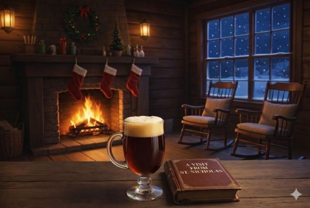 A cozy cabin interior scene featuring a warm fireplace, Christmas stockings hanging on the mantelpiece, two rocking chairs, and a mug of dark beer and a book titled "A Visit From St. Nicholas" in the foreground, with snow falling outside the window.