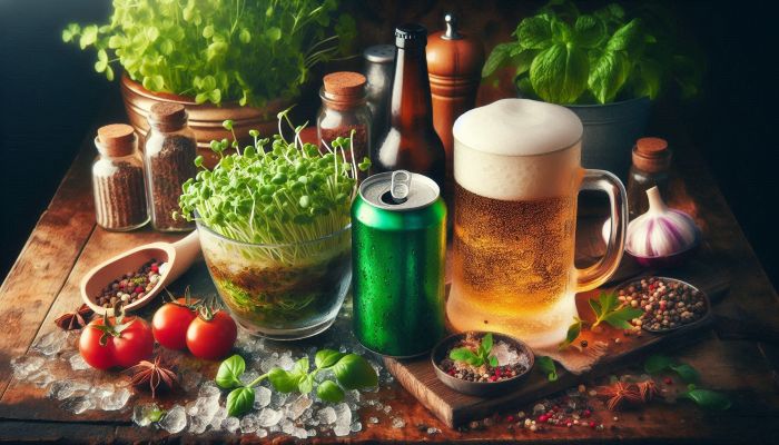  A wooden table top featuring  a mess of fresh herbs, spices, ice cubes and a mug  and can of beer. 