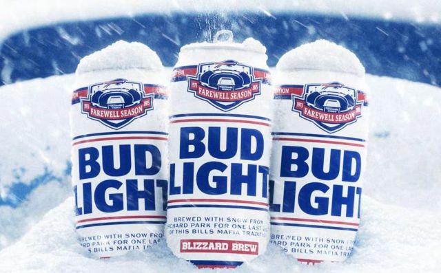 Three cans of limited edition Bud Light "Blizzard Brew" beer in the snow.