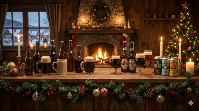 A cozy, festive scene in a rustic cabin setting, featuring a wooden bar or table laden with various beer bottles, cans, and glasses of beer, adorned with a Christmas garland, ornaments, and lit candles. A fireplace is roaring in the background, with a Christmas tree to the right and a window with a snowy view to the left.