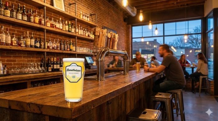 A glass of "Nonetheless" beer sitting on a wooden bar counter in a pub with patrons in the background.