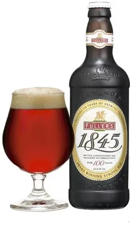 A bottle of Fuller's 1845 Strong Ale standing next to a glass filled with the red-amber beer.
