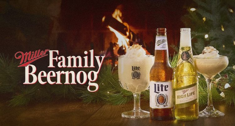 An advertisement for "Miller Family Beernog" featuring bottles of Miller Lite and Miller High Life next to glasses of a creamy beverage, set in front of a fireplace with holiday decorations.